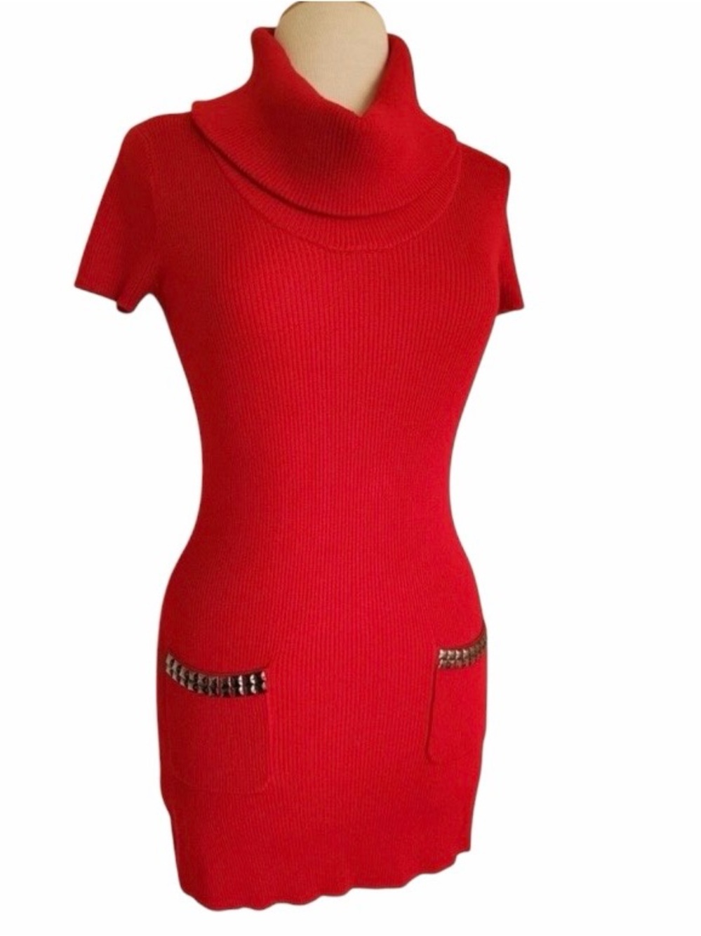 INC International Concepts Red Cowl Neck Pyramid Stud Sweater Dress L